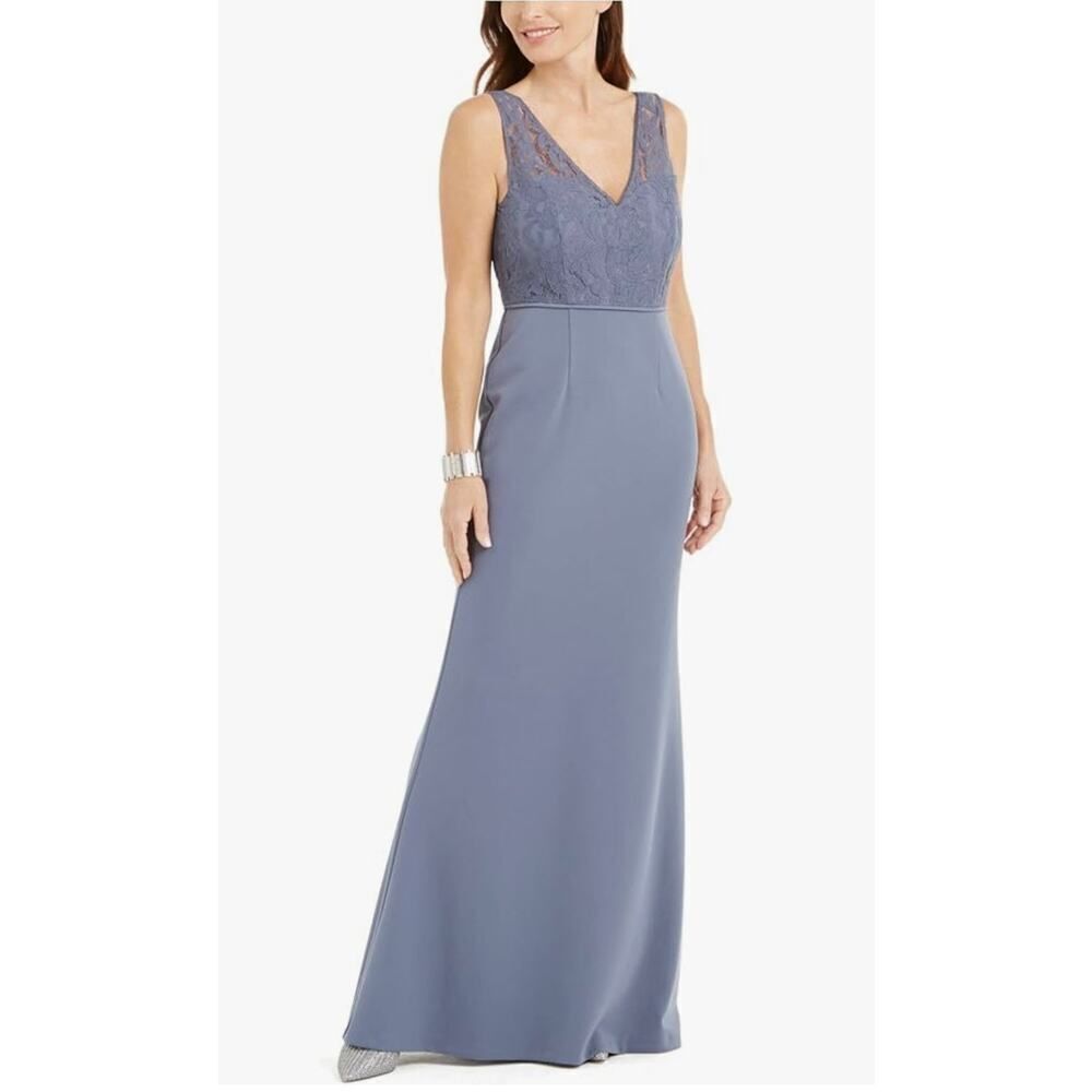 Adrianna Papell Lace Illusion Gown Women's 2 Dusty Blue Sleeveless V-Neck NWT